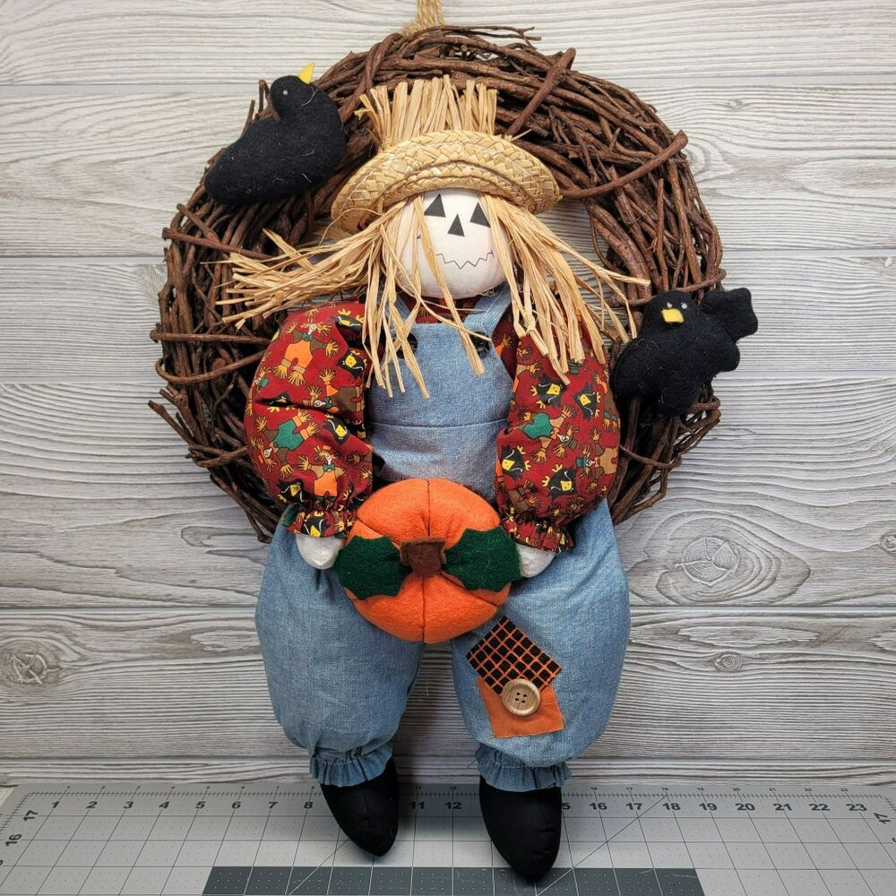 Handmade Scarecrow Grapevine Wreath Fall‎ Decor Blue Orange Rustic Harvest 18in